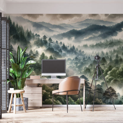Maßangefertigte Vliestapete mit Aquarell-Waldlandschaft und nebelverhangenen Hügeln im Wohnzimmer.