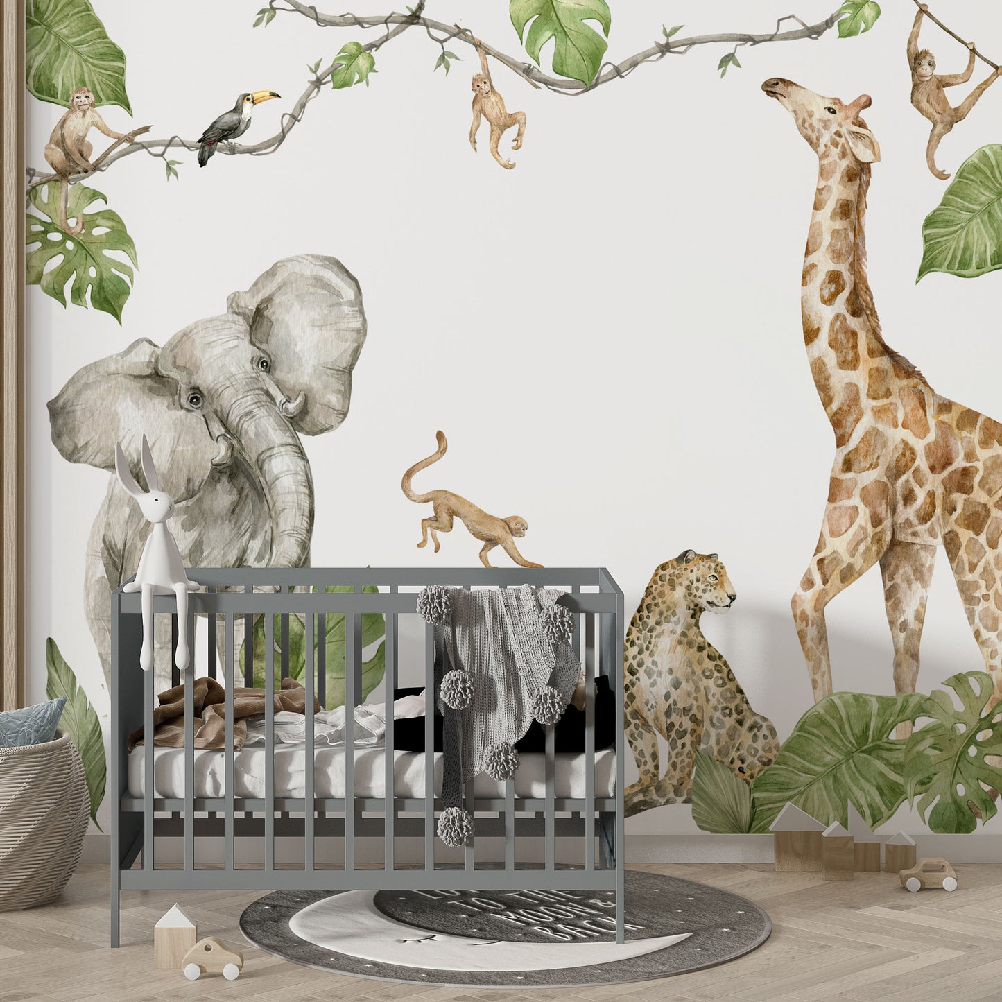 Wandtattoo Safari Aquarell mit Elefant, Löwe, Gepard und Giraffe, wiederablösbar, ohne weißen Rand.