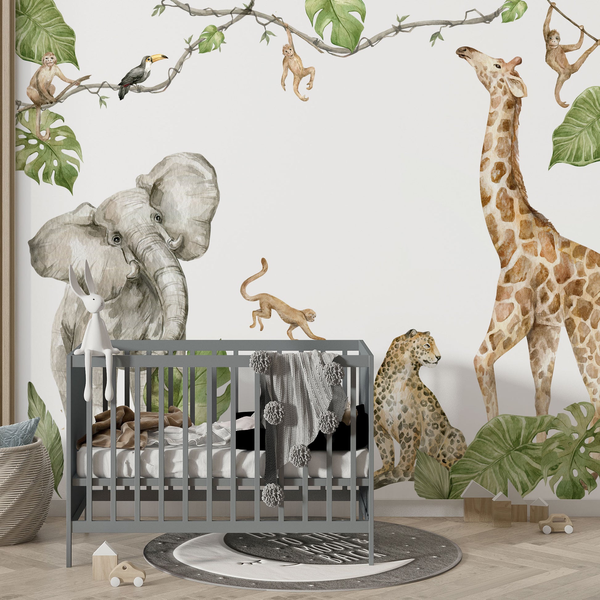 Wandtattoo Safari Aquarell mit Elefant, Löwe, Gepard und Giraffe, wiederablösbar, ohne weißen Rand.