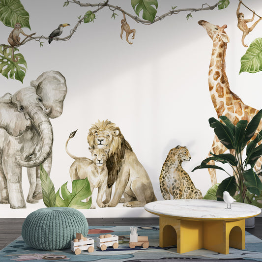 Wandtattoo Safari Aquarell mit Elefant, Löwe, Gepard und Giraffe, wiederablösbar, ohne weißen Rand.