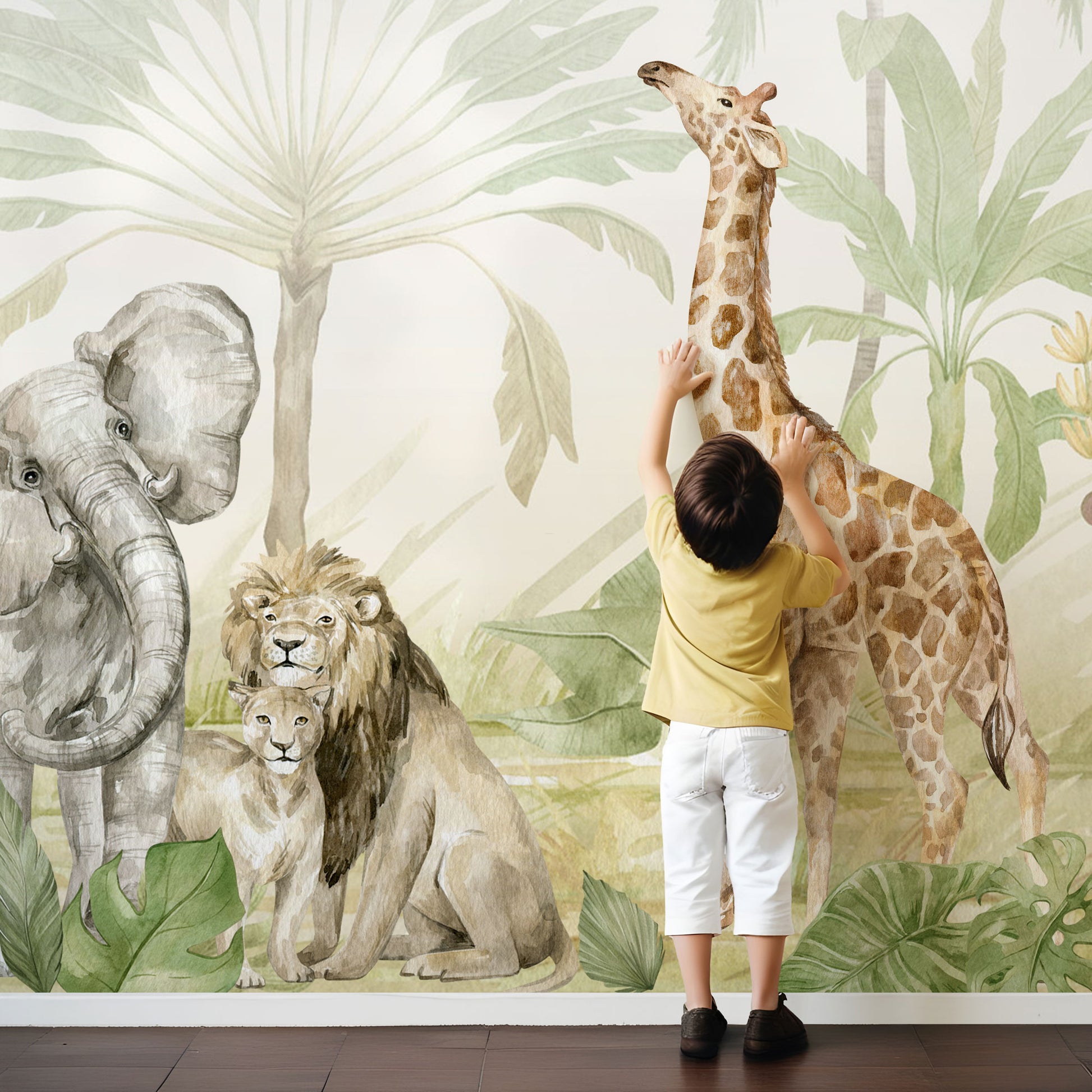 Wandtattoo Safari Aquarell mit Elefant, Löwe, Gepard und Giraffe, wiederablösbar, ohne weißen Rand.