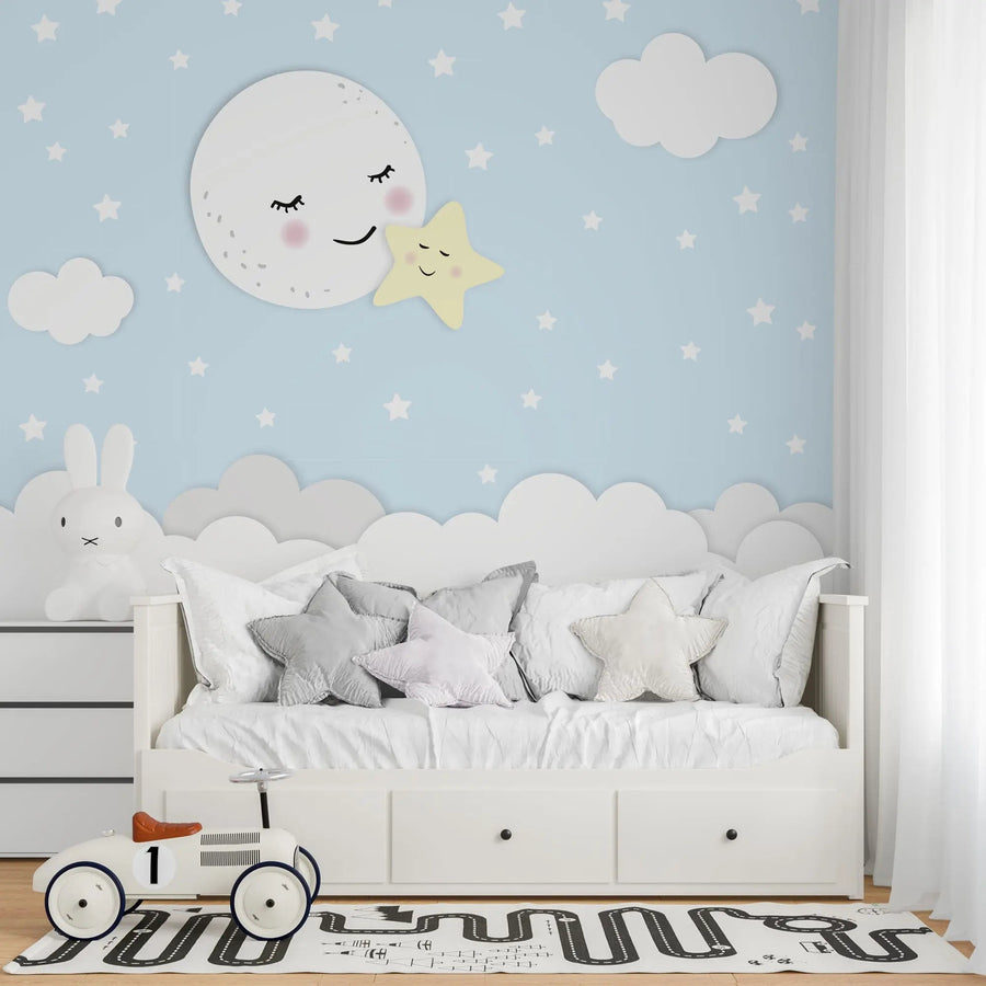 Fototapete für Jungenzimmer oder Babyzimmer für einen Jungen. Mit Mond und Sternenhimmel.