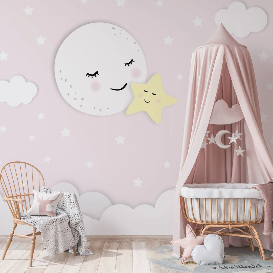 Fototapete für Mädchenzimmer oder Babyzimmer für ein Mädchen. Mit Mond und Sternenhimmel.
