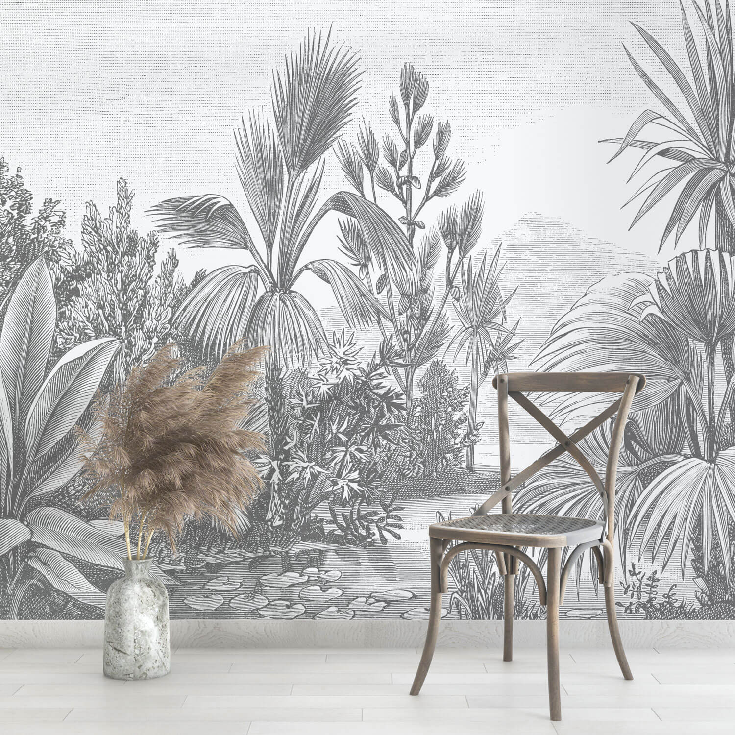 Schwarz-weisse Motivtapete mit Landschaft aus Palmen und Pflanzen.